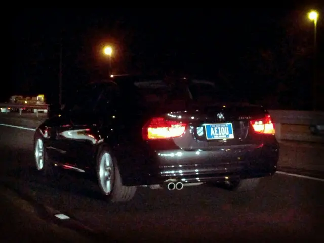 At the bottom of the image there is a road. In the middle of the road there is a black car with...