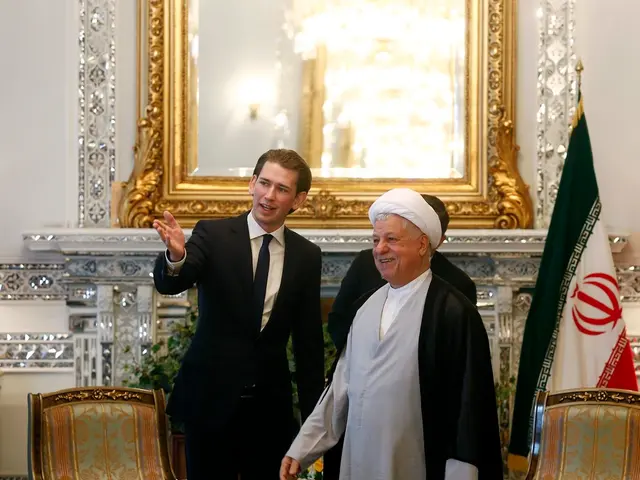 In this image, few peoples are standing. Few are wearing a suit. And right side, there is a flag....