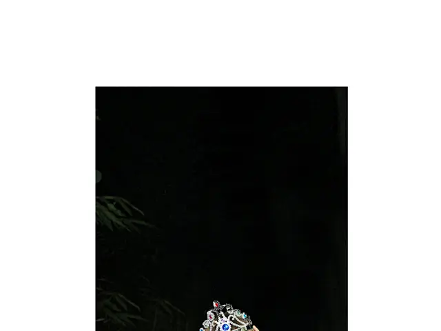 In the image a woman is standing. Behind her there are some trees.