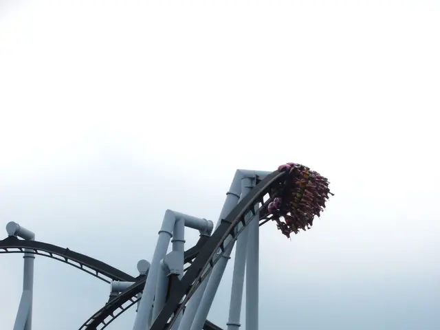 In this picture I can see there is a roller coaster ride and it has a iron frame and there are some...